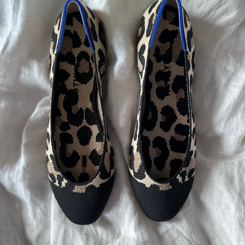 Rothy's Leopard Knit Flats in Black and Beige with Blue Trim